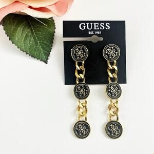 NEW Guess Logo Drop Earrings Gold Tone